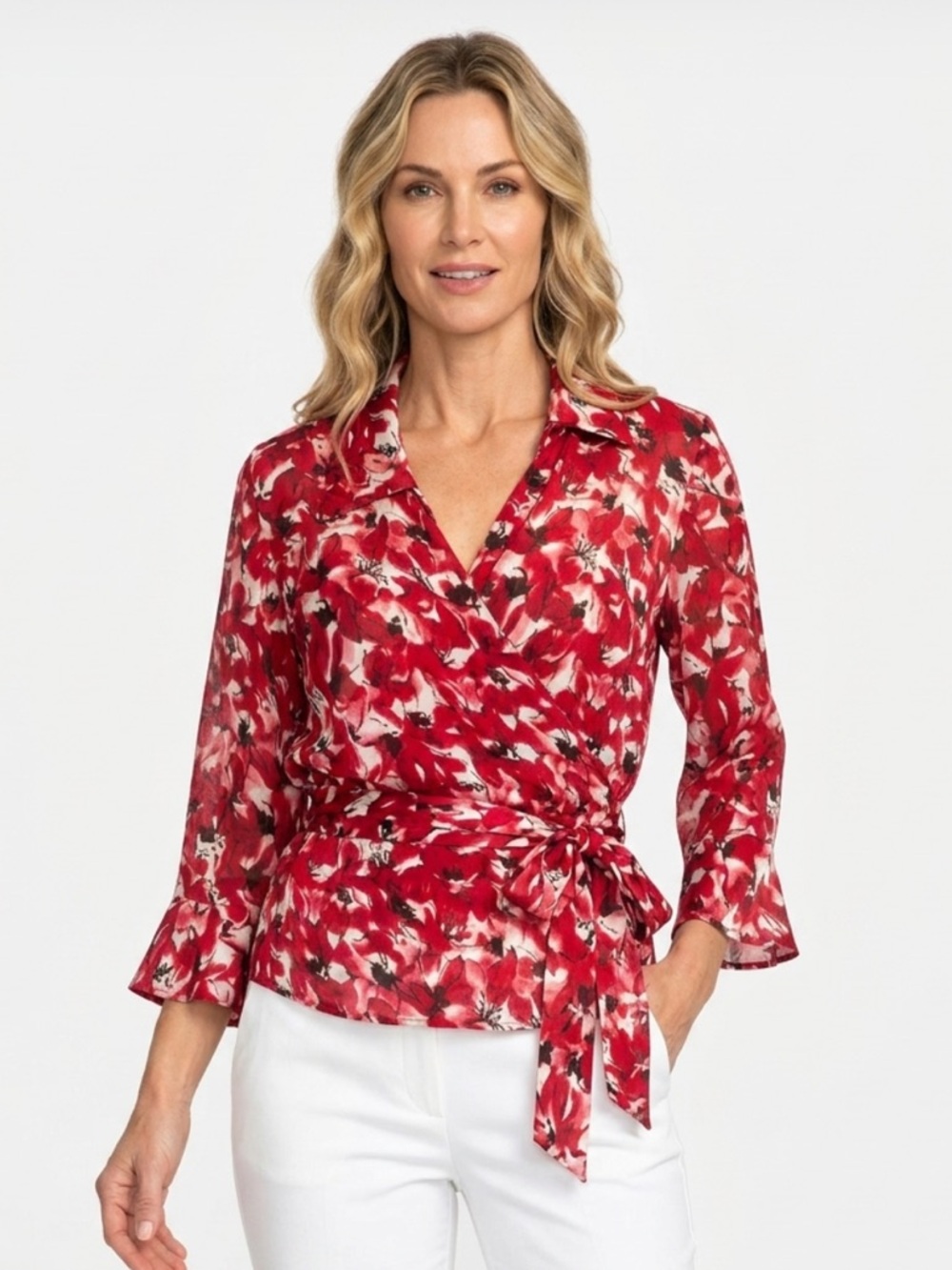 Johnny Was Silk Red and White Abstract Wrap Blouse Size L